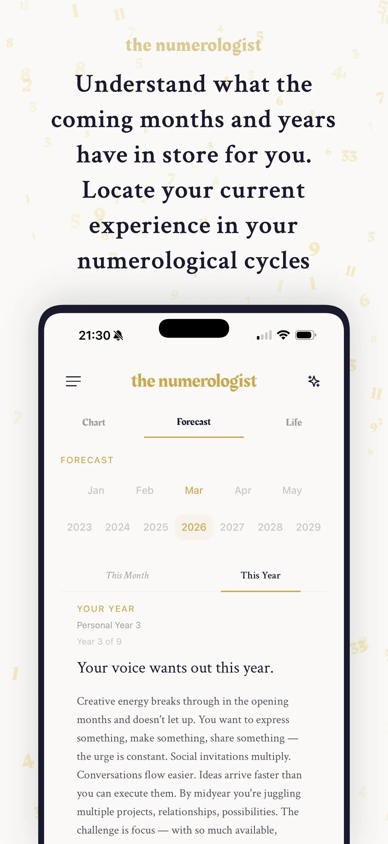 Personal year and month forecasts based on your numerological cycles
