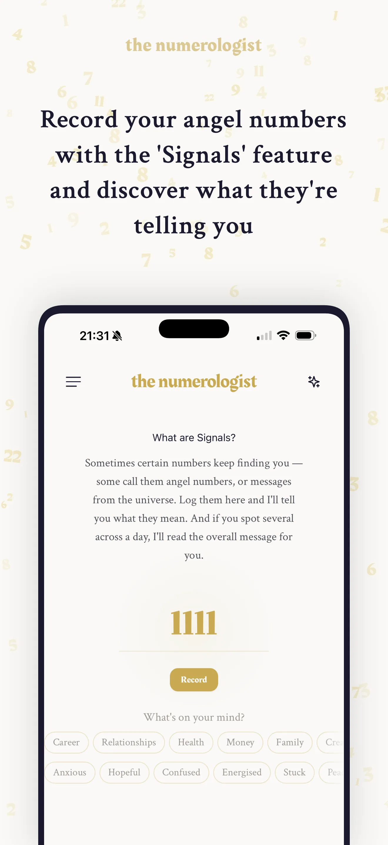 Signals feature for recording and interpreting angel numbers