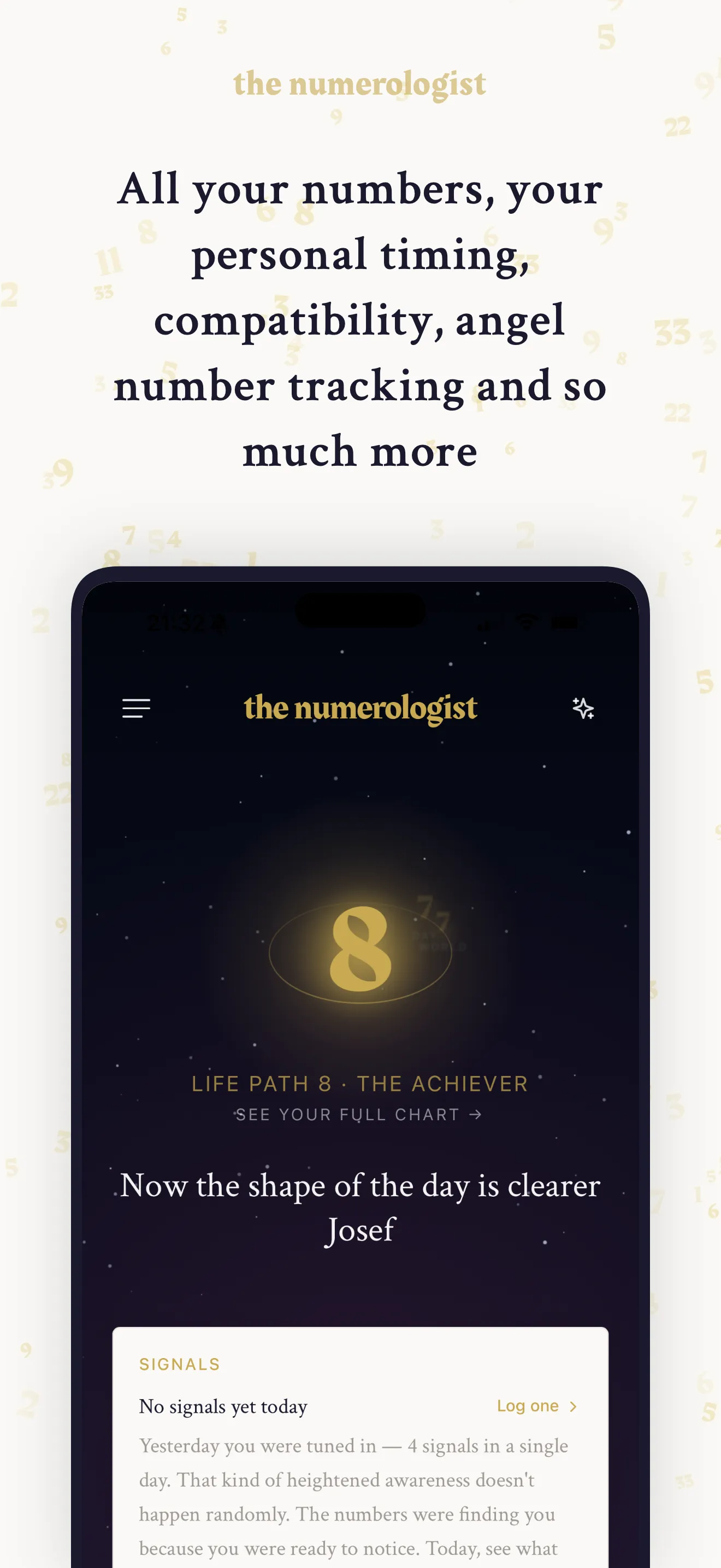 The Numerologist home screen showing your daily numerological overview